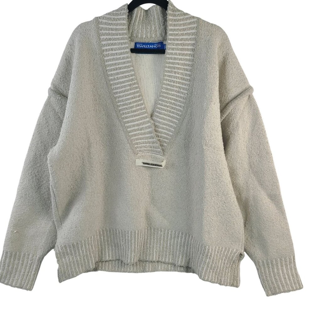 Twilltango Men's Beige Deep V-Neck Sweater With Ribbed Collar Pullover Sz L